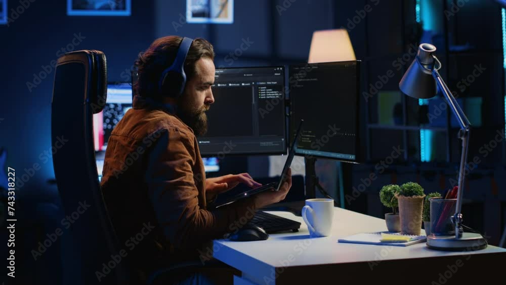 Poster developer focused on typing complex code in neon lit home office, listening music and developing sof