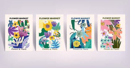 Flower market poster vector illustration hand drawn. Abstract floral art modern digital print for cards, wall decor, poster,cover, art print.