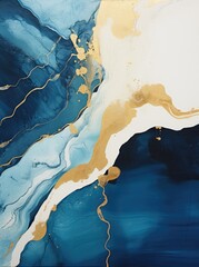 An abstract painting featuring a blend of gold and blue colors in dynamic shapes and patterns on a canvas. The colors create a striking contrast, capturing attention.