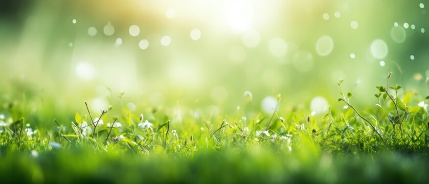Green grass spring sunny garden background and blurred foliage bokeh with sunset views.