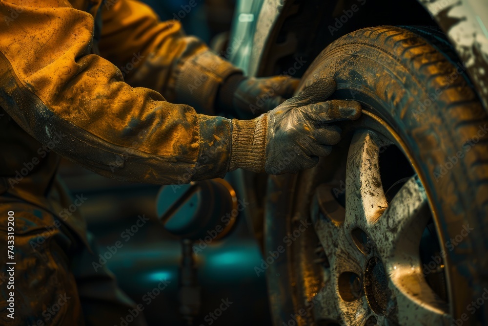 Poster close-up of a mechanic's hands installing or changing a car tire in a workshop environment.