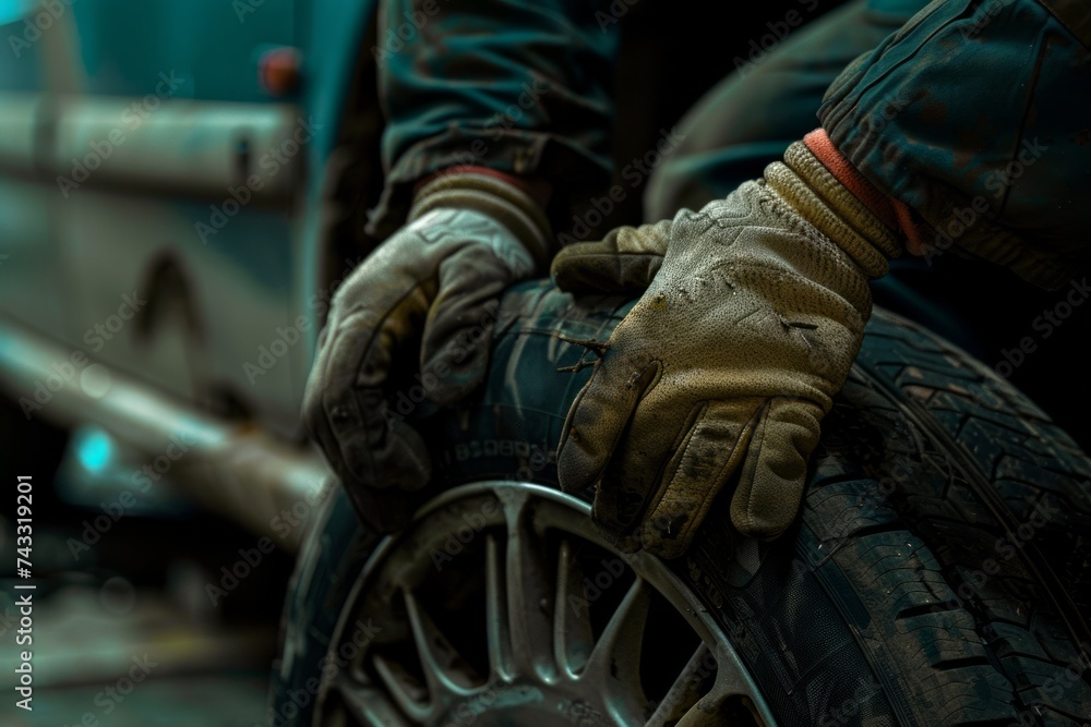 Poster close-up of a mechanic's hands installing or changing a car tire in a workshop environment.