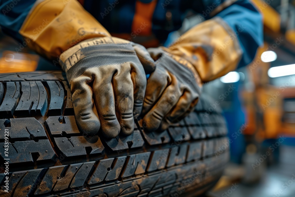 Poster close-up of a mechanic's hands installing or changing a car tire in a workshop environment.