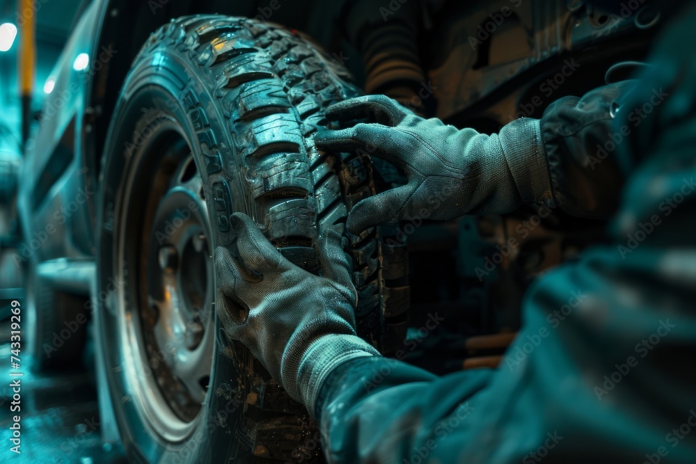 Poster close-up of a mechanic's hands installing or changing a car tire in a workshop environment.
