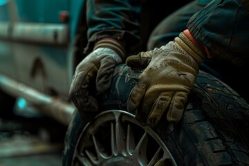 Fototapeta na wymiar Close-up of a mechanic's hands installing or changing a car tire in a workshop environment.