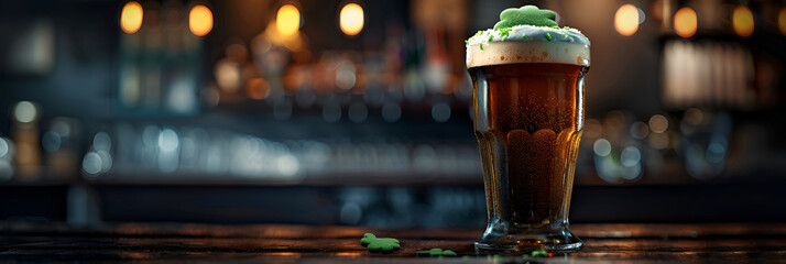Tulip glass with unfiltered draft beer on bar counter for St Patrick's day celebration concept    - obrazy, fototapety, plakaty