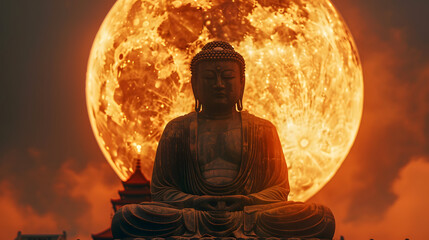 Buddha with moon on the background. Vesak Day