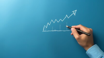A businessman draws a growth graph and progress of business while analyzing financial and investment data business planning and strategy on blue background. businessman analyzes profitability working - obrazy, fototapety, plakaty