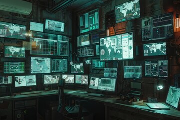 A control room filled with screens showing graphical data, maps, and texts, with ambient lighting and no visible people. - obrazy, fototapety, plakaty