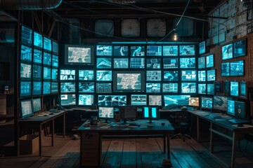 A control room filled with screens showing graphical data, maps, and texts, with ambient lighting and no visible people.