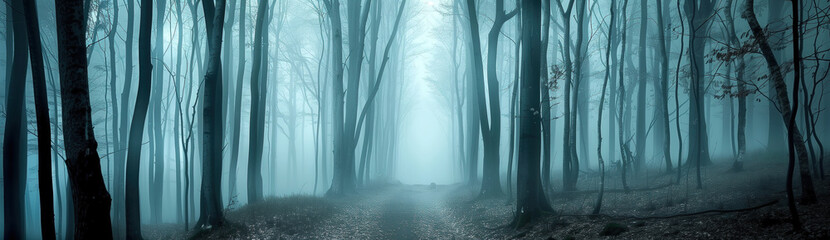 Misty foggy forest with trail,haunting atmospheres - 743320279