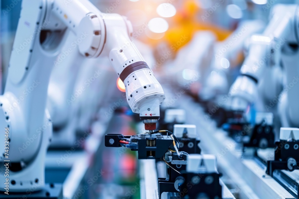 Poster industrial robots in an automated assembly line within a manufacturing plant.