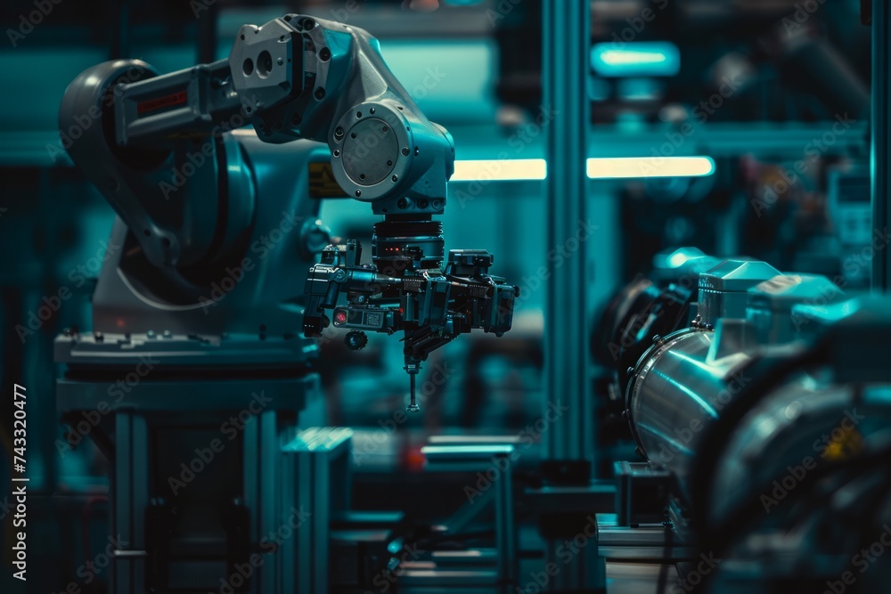 Poster industrial robots in an automated assembly line within a manufacturing plant.