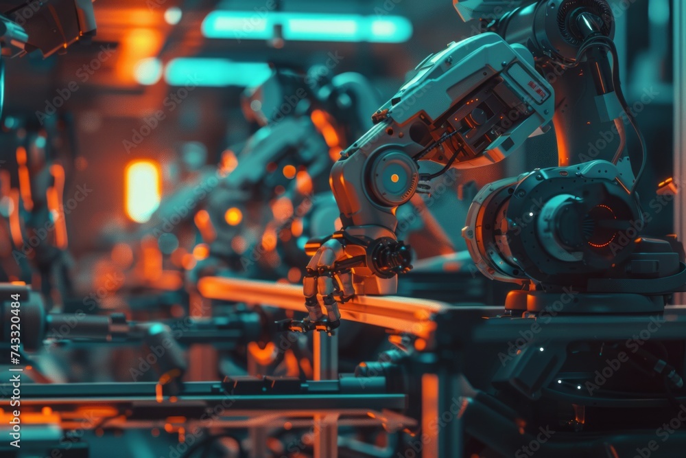 Poster industrial robots in an automated assembly line within a manufacturing plant.