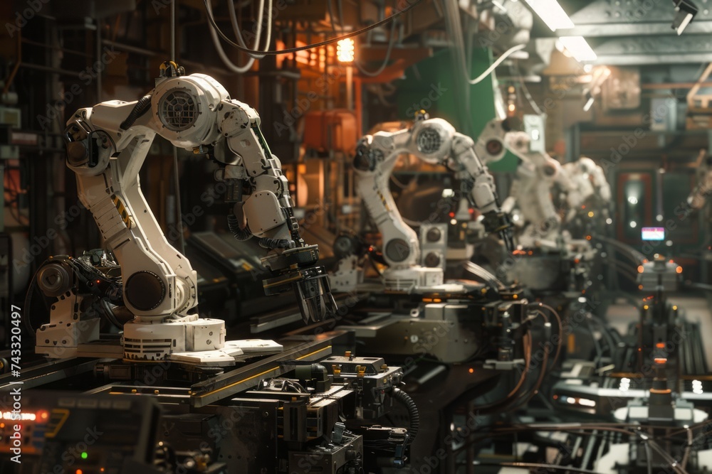 Poster industrial robots in an automated assembly line within a manufacturing plant.