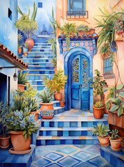 Fototapeta na wymiar A painting depicting a blue door with steps leading up to it, surrounded by various potted plants in a quaint setting.