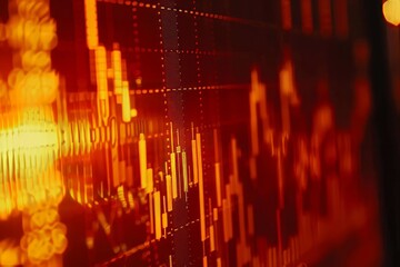 A close-up of a financial graph on a computer monitor showing stock market trends with peaks and troughs in warm light.