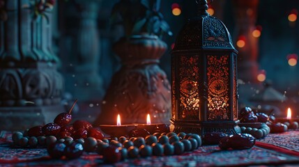 Captivating ramadan and eid greeting: illuminated lantern, dates fruit, and rosary beads in low-light photography - perfect stock image for festive celebrations