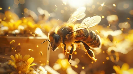 Zelfklevend Fotobehang Close up of bee with beehive nature shoot © kraftbunnies