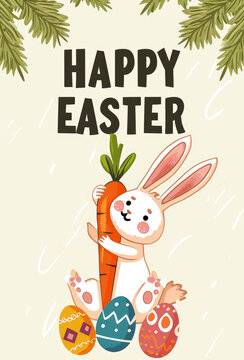Elegant Easter Greeting Card with Cute Rabbits and Spring Flowers - AI Generated