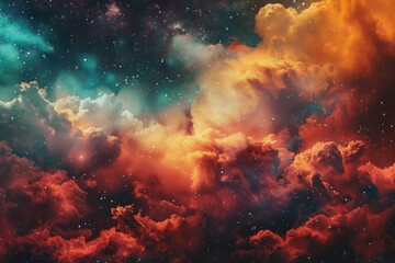 A vivid and fantastical depiction of a nebula with bright colors and dynamic cloud formations against a starry sky.