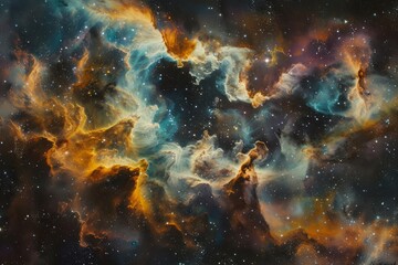 Fototapeta na wymiar A vivid and fantastical depiction of a nebula with bright colors and dynamic cloud formations against a starry sky.