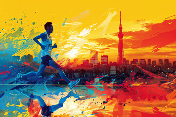 marathon poster in Tokyo. illustrator vector background .Generative AI