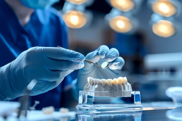 a dentist hold a dental model human jaw or oral cavity. ai generative - obrazy, fototapety, plakaty