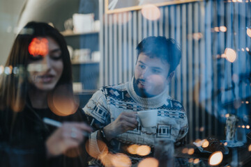 A candid scene of a young man and woman working together in a cafe, surrounded by soft lights, creating a warm, inviting atmosphere.