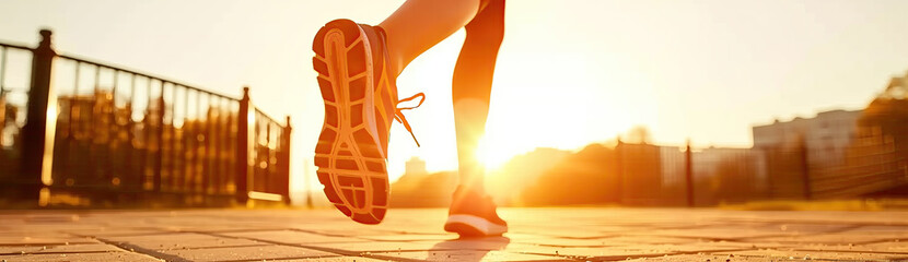 Female runner with sneakers jogging in a park at sunset.