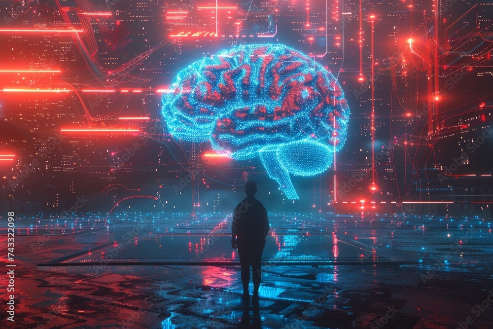 Poster a futuristic depiction of a human silhouette standing before a glowing brain-shaped network of circu