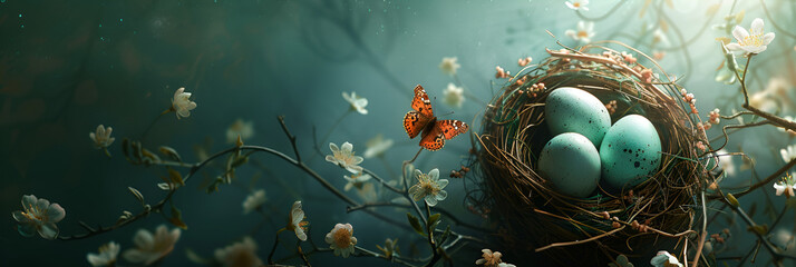  A bird's nest with colorful eggs on the beautiful cherry tree branch with butterfly and light green background and wallpaper for Easter concept     