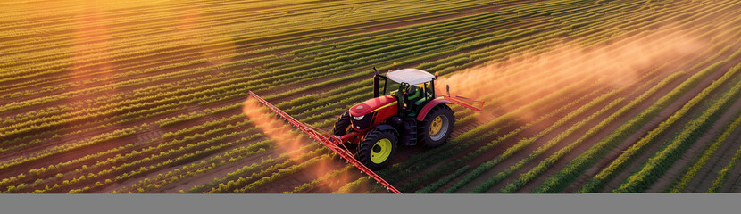 Aerial view of a tractor spraying pesticide on the field at sunset. - 743322094