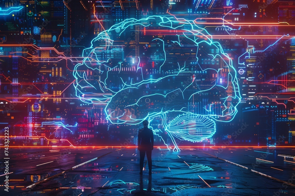 Poster a futuristic depiction of a human silhouette standing before a glowing brain-shaped network of circu