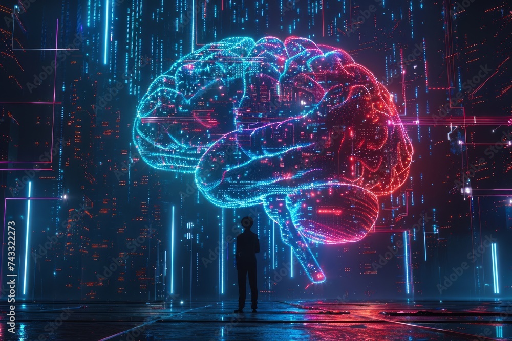 Poster a futuristic depiction of a human silhouette standing before a glowing brain-shaped network of circu