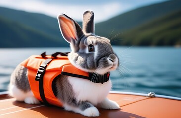 rabbit wearing a life jacket on a boat  - obrazy, fototapety, plakaty