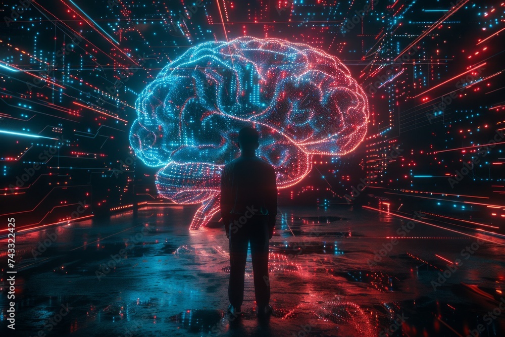Poster a futuristic depiction of a human silhouette standing before a glowing brain-shaped network of circu