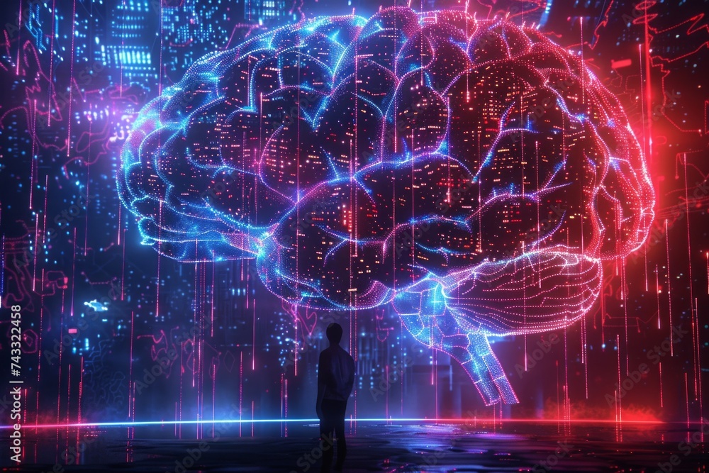 Poster a futuristic depiction of a human silhouette standing before a glowing brain-shaped network of circu
