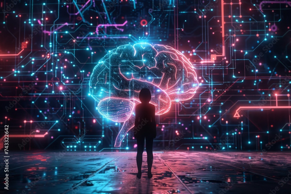 Poster a futuristic depiction of a human silhouette standing before a glowing brain-shaped network of circu