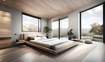 Fototapeta premium A minimalist bedroom featuring a sleek platform bed, clean lines, and neutral colors that create a serene atmosphere.