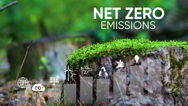 Net zero and carbon neutral concept. net zero greenhouse gas emissions target Climate neutral long term strategy 2050 on a green background with growth chart infographic and Net zero icons...