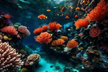 Fototapeta na wymiar A majestic, vibrant coral reef bustling with an array of marine life beneath the shimmering surface of the sea.