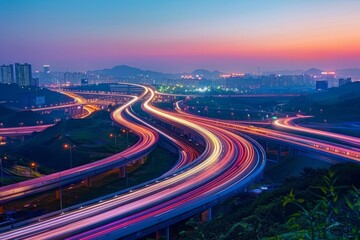 A long exposure shot of a highway at night, capturing the light trails of moving vehicles under a twilight sky.