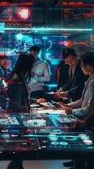 Diverse teams huddled around sleek, modular workstations equipped with holographic interfaces displaying project information, background image, generative AI
