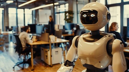 Fototapeta premium Diverse teams work alongside robots in a bustling office space, background image, generative AI