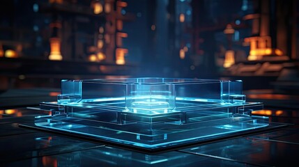 glass podium product stand or display with modern style, blur background and cinematic light