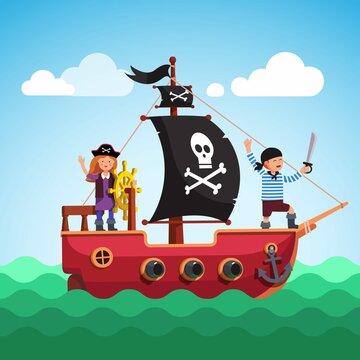 Kids Pirate Ship Sailing Sea With Flag