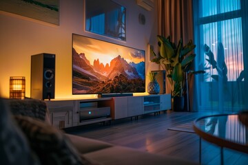 A modern living room at dusk, with warm lighting and a large TV displaying a mountain landscape scene. - obrazy, fototapety, plakaty