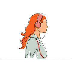 pastel colored Faceless one Line art minimalist drawing of a woman wearing headphones. Transparent background.