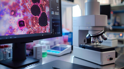 A closeup of a telepathology system equipped with AI technology to support remote diagnosis and bring expert opinions to areas lacking spet pathologists.